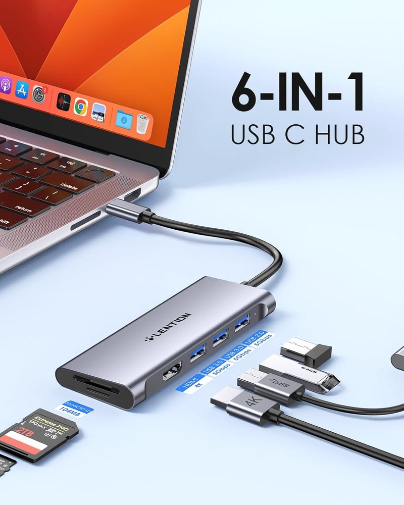 Lention USB-C Hub with 4K HDMI, 3 USB 3.0 Ports, SD Card Reader, Compatible with MacBook Pro 13-16 (2025-2016), iPad Pro/MacBook Air/Surface, Stable Driver Multiport Adapter (CB-C34, Gray) - Image 2