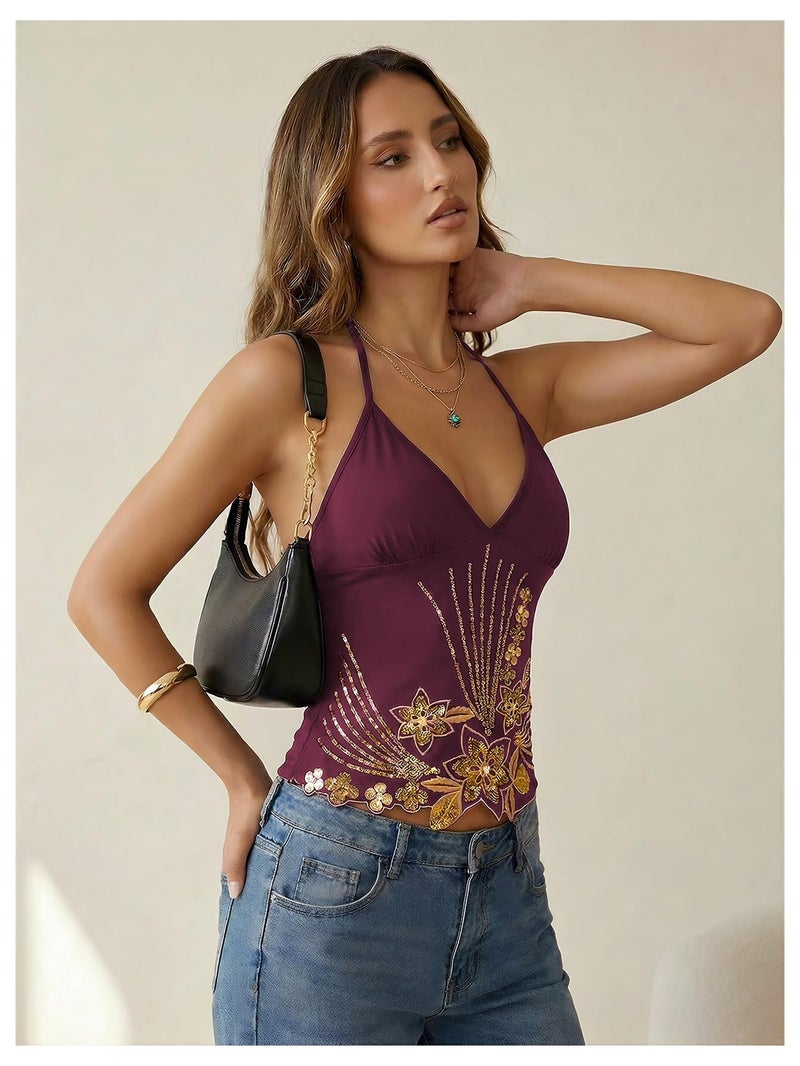 Halter Top Sequin Gold Y2k Sparkly Floral Purple - Image 3