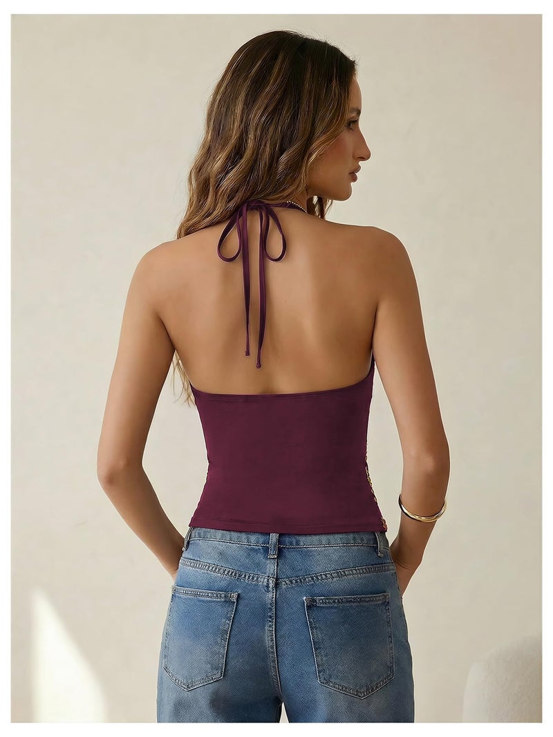 Halter Top Sequin Gold Y2k Sparkly Floral Purple - Image 2