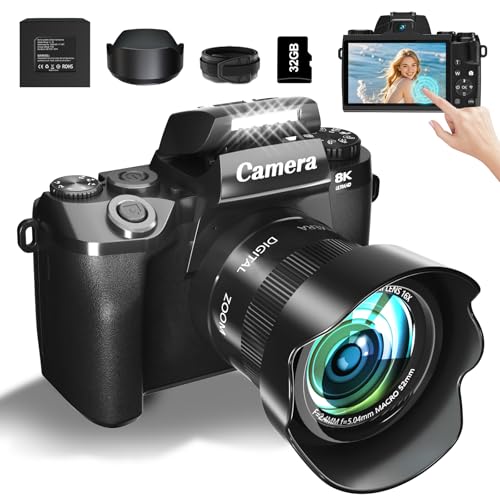 Gavonde 8K Digital Camera for Photography, WiFi & Dual-Lens Vlogging Camera for YouTube with 4" Touch Screen, 64MP Vlog Cameras 16X Digital Zoom with 3000mAh Battery, 32GB TF Card & Lens Hood(Black) - Image 1