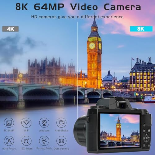 Gavonde 8K Digital Camera for Photography, WiFi & Dual-Lens Vlogging Camera for YouTube with 4" Touch Screen, 64MP Vlog Cameras 16X Digital Zoom with 3000mAh Battery, 32GB TF Card & Lens Hood(Black) - Image 4