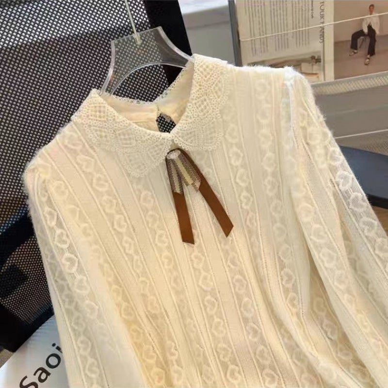 High-Bottom 2024 Lace And Velvet Thickeneded Bottoming Shirt, Simple And Sweet Long-Sleeved Top For Women To Wear To Work And Cover Their Belly - Image 3