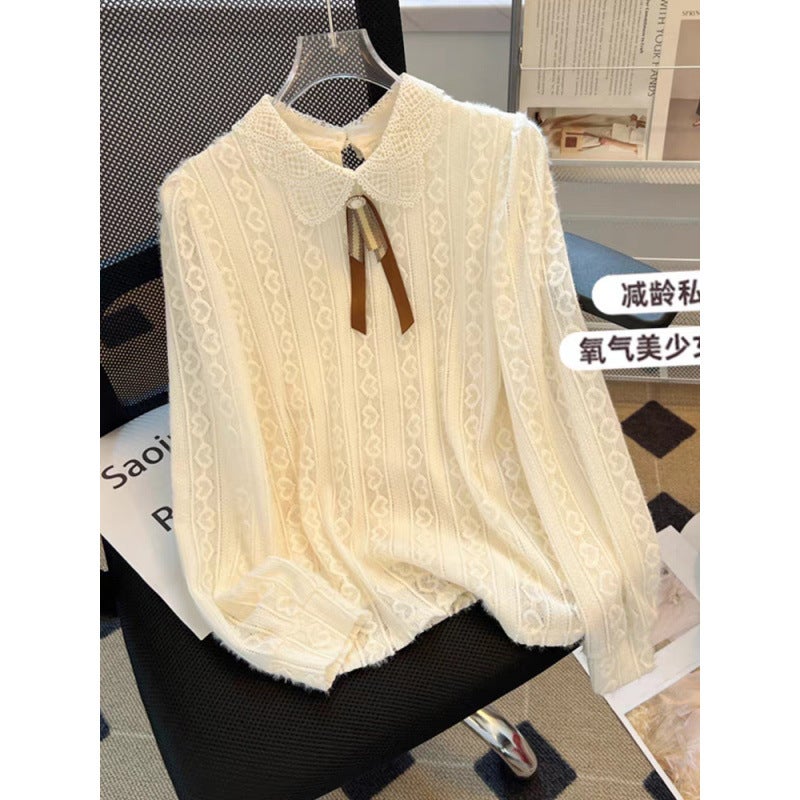 High-Bottom 2024 Lace And Velvet Thickeneded Bottoming Shirt, Simple And Sweet Long-Sleeved Top For Women To Wear To Work And Cover Their Belly - Image 2