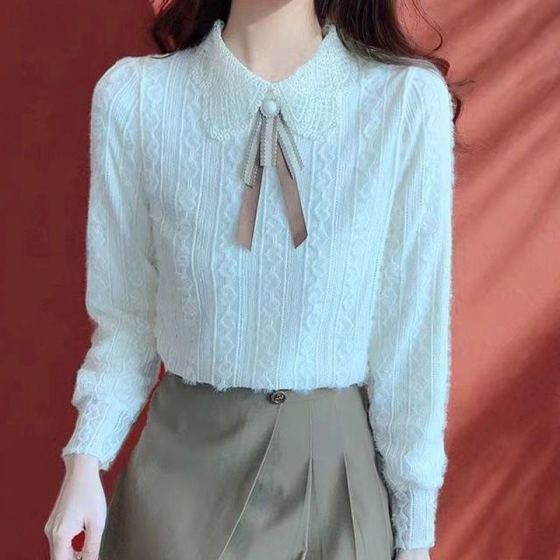 High-Bottom 2024 Lace And Velvet Thickeneded Bottoming Shirt, Simple And Sweet Long-Sleeved Top For Women To Wear To Work And Cover Their Belly - Image 1