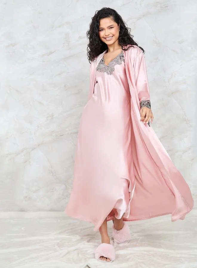 ستايلي Pack of 2 - Embroidered Trim Maxi Slip Dress & Robe