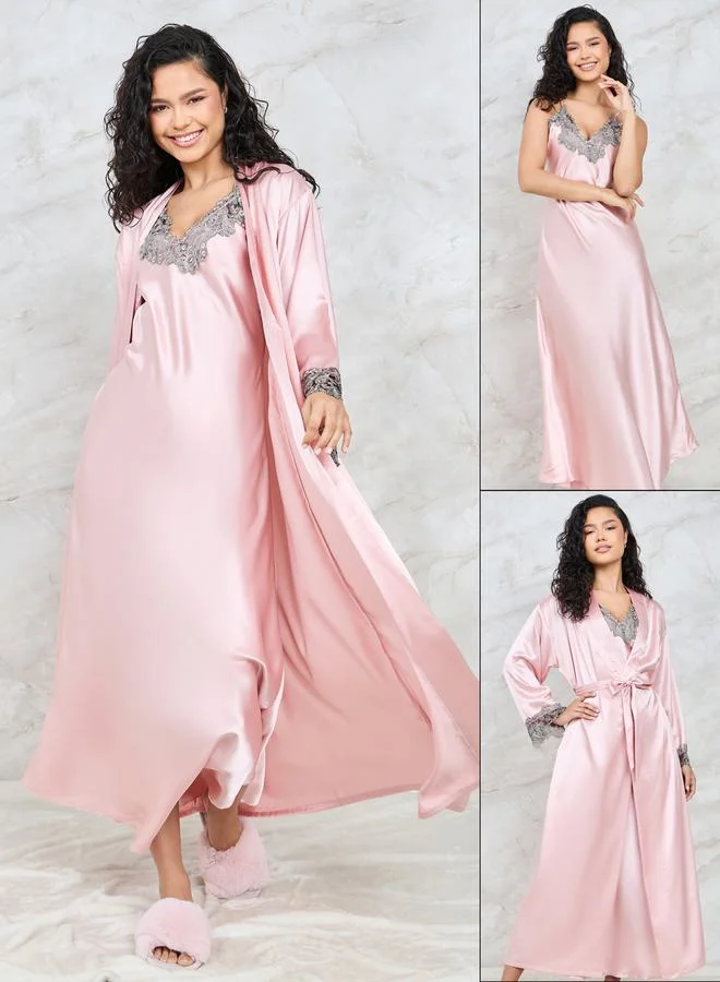ستايلي Pack of 2 - Embroidered Trim Maxi Slip Dress & Robe