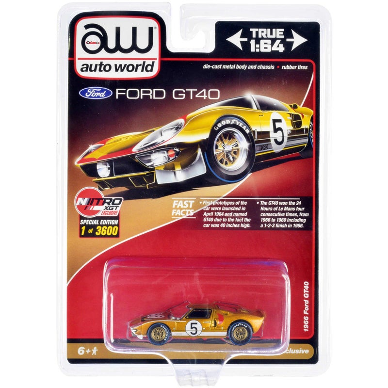 عالم السيارات 1966 فورد GT40 #5 إصدار محدود من الذهب إلى 3600 قطعة في جميع أنحاء العالم 1/64 نموذج سيارة مصنوعة من المعدن بواسطة CP7923