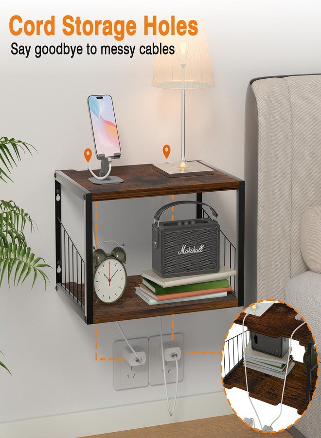 Alytree Floating Nightstand, Wood Floating Bedside Table with Cable Hole, Wall Mounted Nightstand for Bedroom, Living Room, Bathroom, Kitchen (Rustic Brown) - Image 2