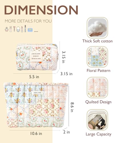 Sminra 2 Pieces Floral Makeup Bag Cute Travel Quilted Pouch Cosmetic Bag Organizer Small Cotton Coquette Aesthetic Purse Toiletry Bag for Women Girls accessories Blue Flower2PCS - Image 3
