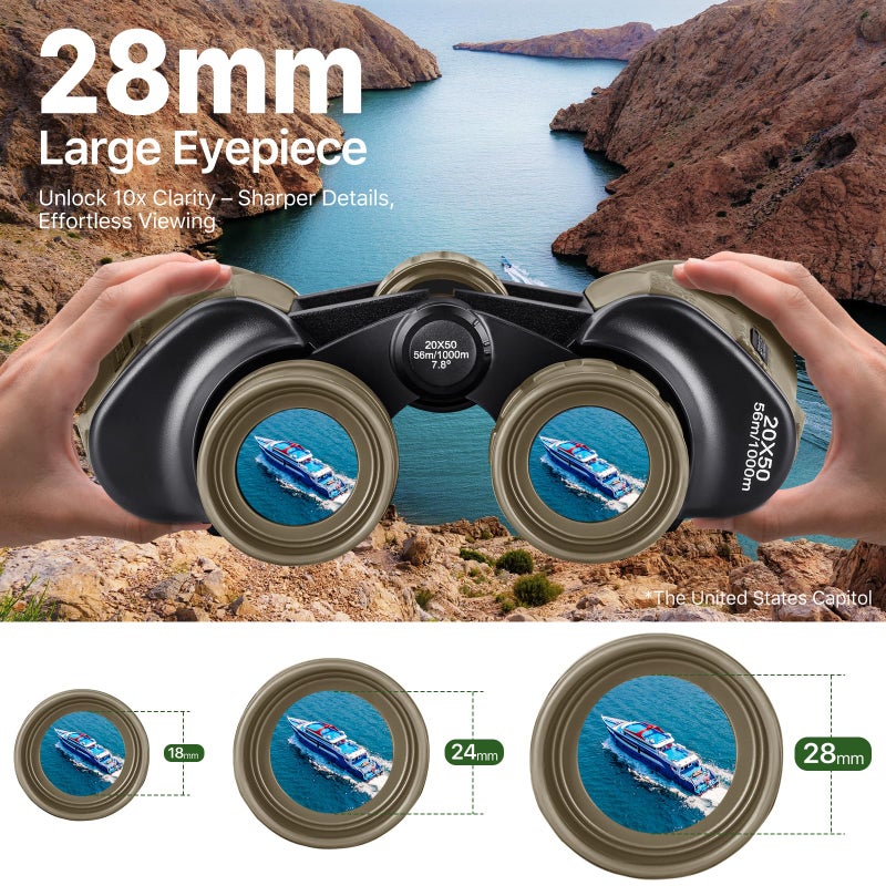 Free Soldier 20x50 Binoculars for Adults with Smartphone Adapter - High Powered Binoculars for Bird Watching Hunting Hiking Concert Travel Theater with BAK4 Prism FMC Lens, Mud - Image 2