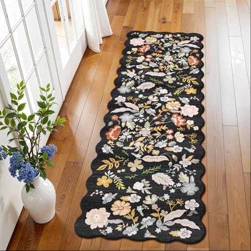 BYYVOO 2x6 Scalloped Hallway Runner Rug – Non-Slip Washable Boho Floral Carpet Runner for Kitchen, Entryway, Bedroom & Bathroom – Soft Low-Pile Thin Floor Mat with Rubber Backing (Black, 2x6) - Image 1