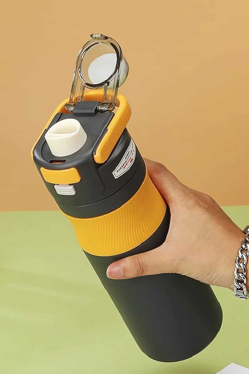 Mobcos Black 600ml Water Bottle with Portable Lid Metal Vacuum Insulated Stainless Steel | Reusable Leak Proof Flask 24 Hours Hot and Cold for Office, Travel Bottle (Orange Black)  | Best Price UAE
