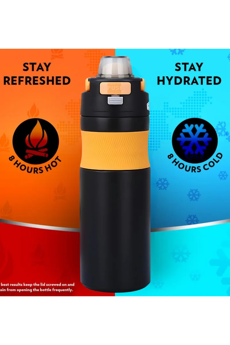 Mobcos Black 600ml Water Bottle with Portable Lid Metal Vacuum Insulated Stainless Steel | Reusable Leak Proof Flask 24 Hours Hot and Cold for Office, Travel Bottle (Orange Black)  | Best Price UAE