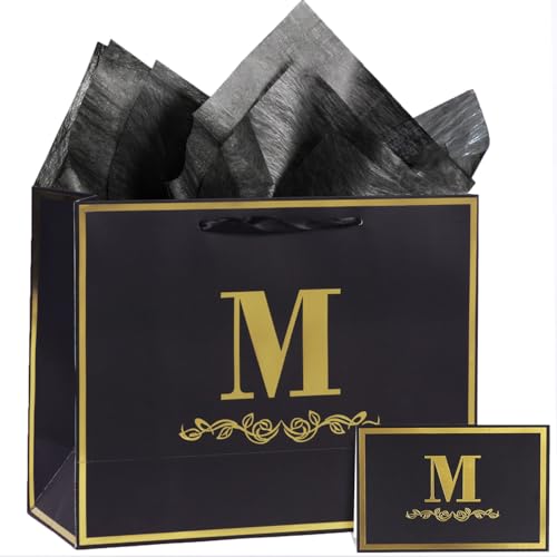 momoake Alphabet Birthday Gift Bag with Card and Tissue Paper for Men Women, 13" Large Black Gold Personalized Bridal Party Gift Paper Bag for Gifts Wrapping - (Letter M) - Image 1