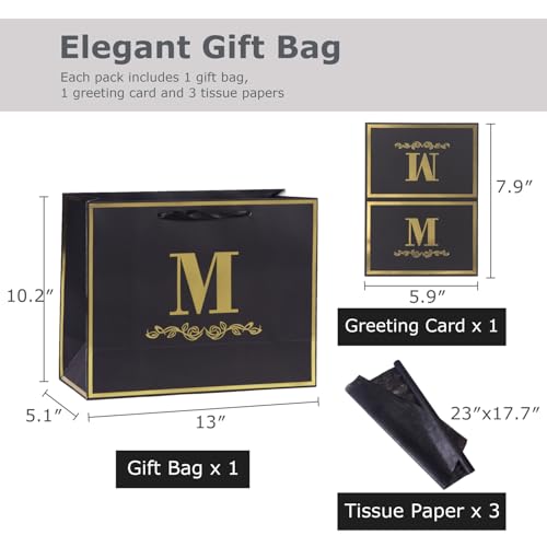 momoake Alphabet Birthday Gift Bag with Card and Tissue Paper for Men Women, 13" Large Black Gold Personalized Bridal Party Gift Paper Bag for Gifts Wrapping - (Letter M) - Image 2