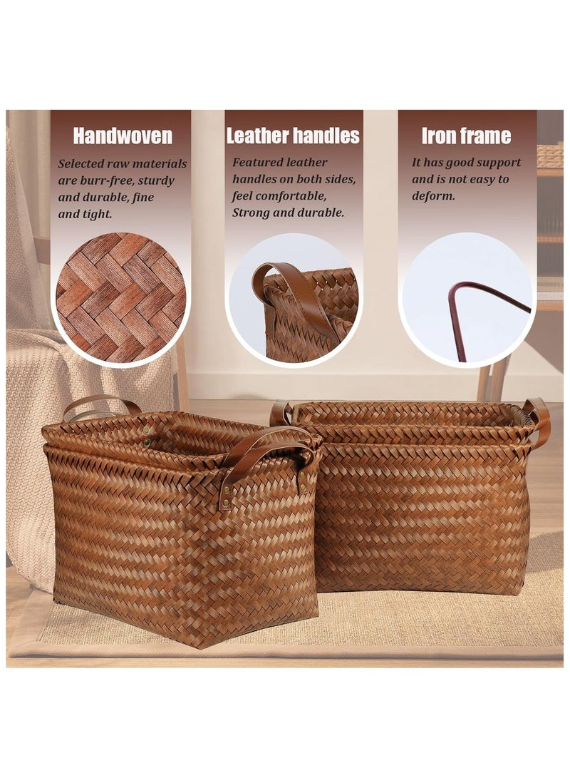 Neonix 2-pack large wicker storage baskets, handwoven baskets for organising clothes, blanket baskets, bathroom and bedroom wardrobe storage boxes, large laundry baskets with leather handles, woven boxes for bathroom, bedroom, pantry, clothing, car and towels – brown - Image 4