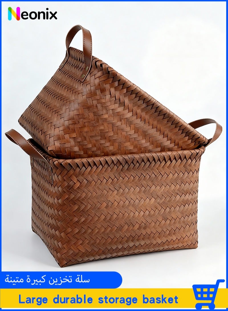 Neonix 2-pack large wicker storage baskets, handwoven baskets for organising clothes, blanket baskets, bathroom and bedroom wardrobe storage boxes, large laundry baskets with leather handles, woven boxes for bathroom, bedroom, pantry, clothing, car and towels – brown - Image 1
