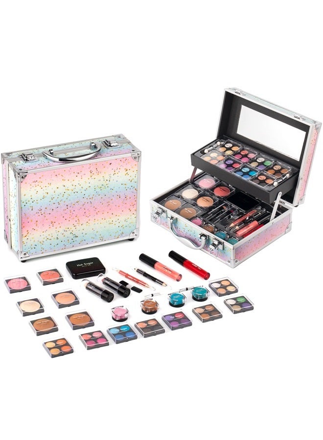 Hot Sugar Makeup Kit for Women Full Kit Teen Girls Starter Cosmetic Gift Set with Beautiful Rainbow Train Case Includes Pigmented Eyeshadow Palette Blush Lipstick Lip Pencil Eye Pencil (Rainbow) - Image 1