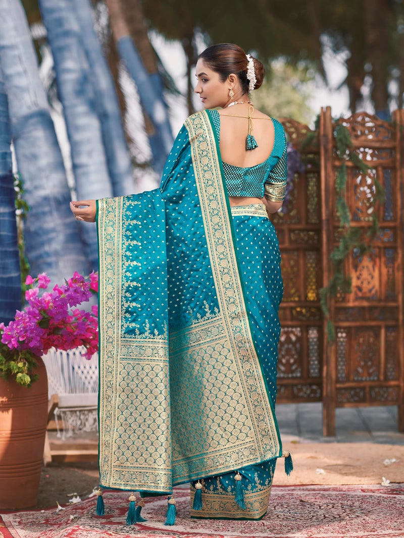 MANOHARI Women's Most Trendy Banarasi Satin Silk Woven Turquiose Blue Saree With Heavy Jacquard Work Saree With Blouse Piece_MN1993 - Image 3