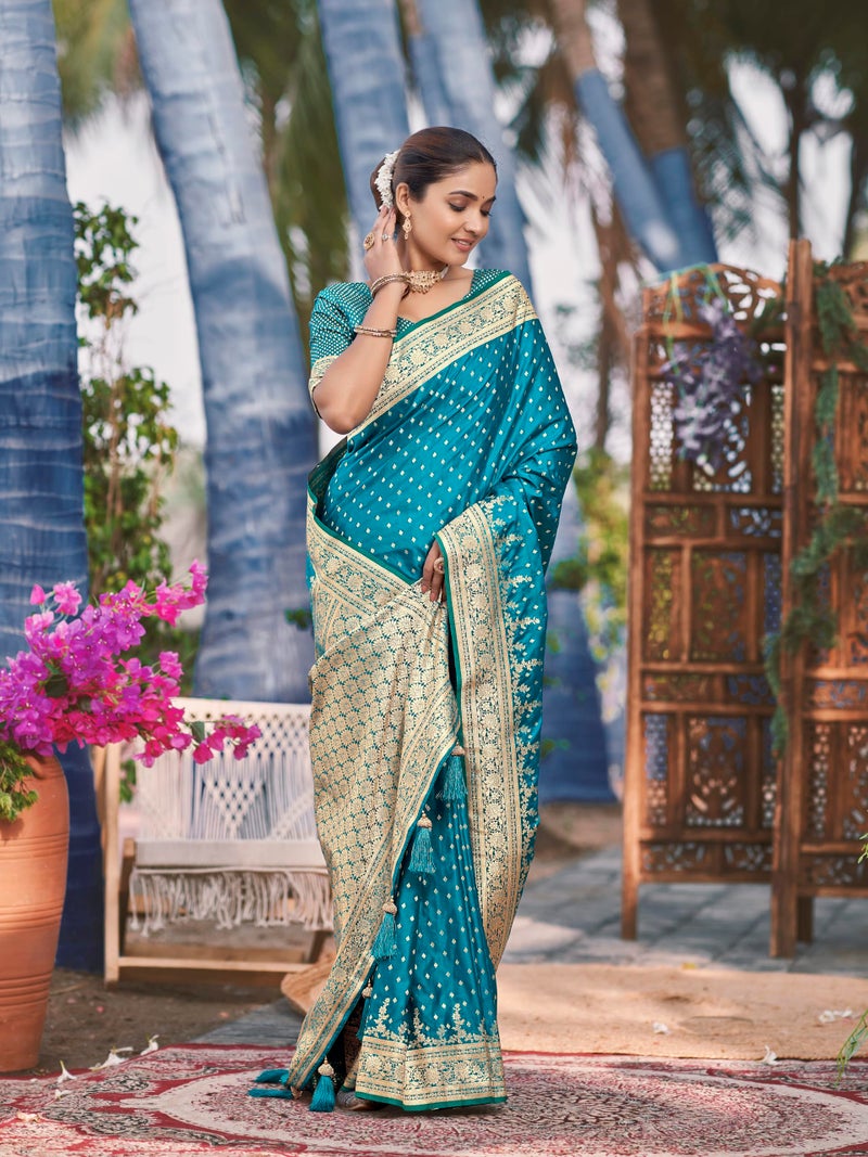 MANOHARI Women's Most Trendy Banarasi Satin Silk Woven Turquiose Blue Saree With Heavy Jacquard Work Saree With Blouse Piece_MN1993 - Image 5
