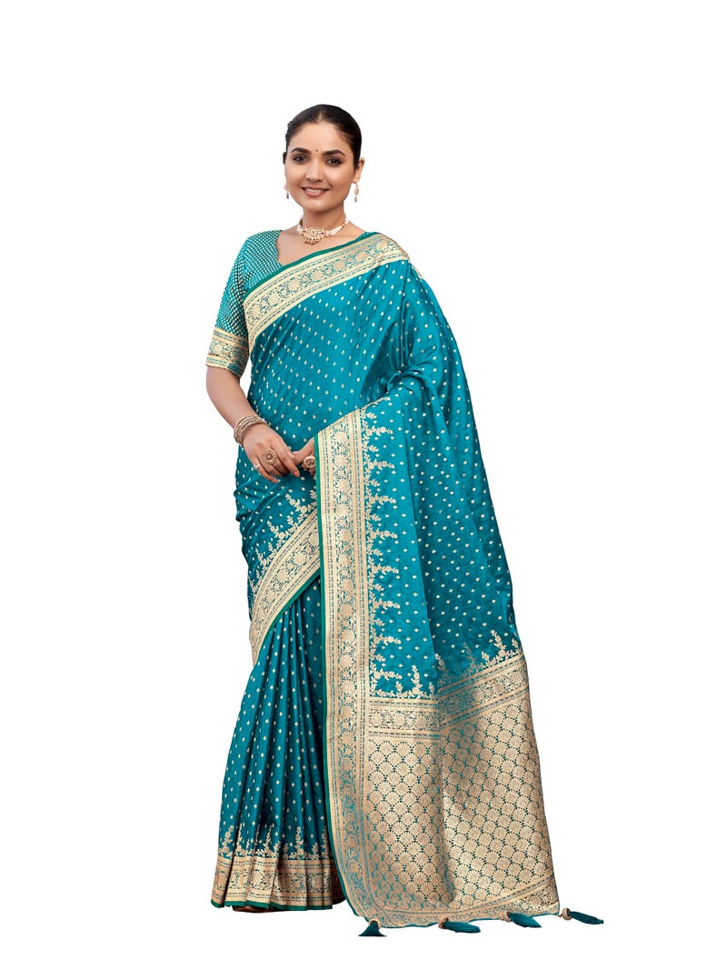 MANOHARI Women's Most Trendy Banarasi Satin Silk Woven Turquiose Blue Saree With Heavy Jacquard Work Saree With Blouse Piece_MN1993 - Image 1
