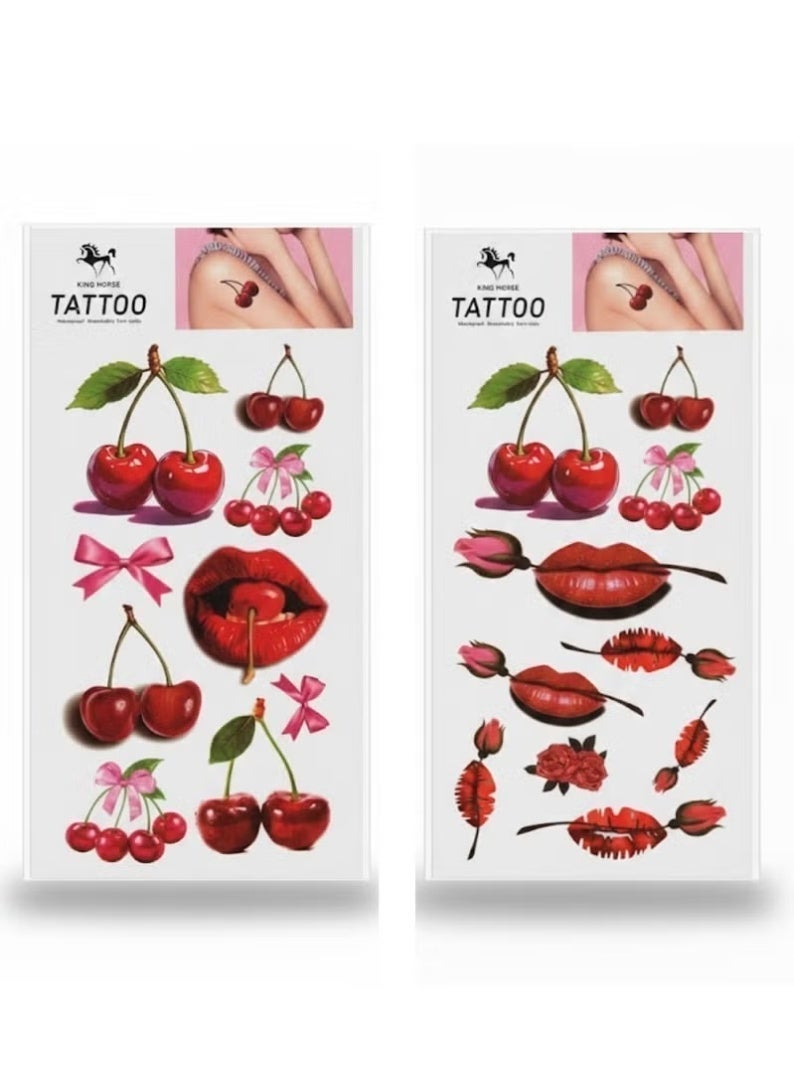 عبوة من قطعتين من ملصقات الوشم المؤقتة المقاومة للماء للنساء - كرز واقعي - Image 1