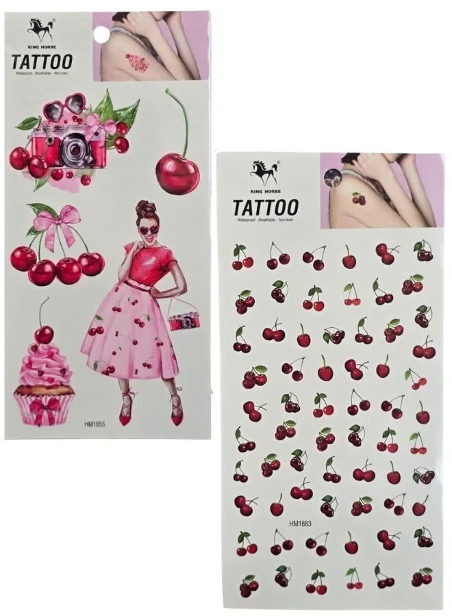 عبوة من قطعتين من ملصقات الوشم المؤقتة المقاومة للماء للنساء - كرز واقعي - Image 2