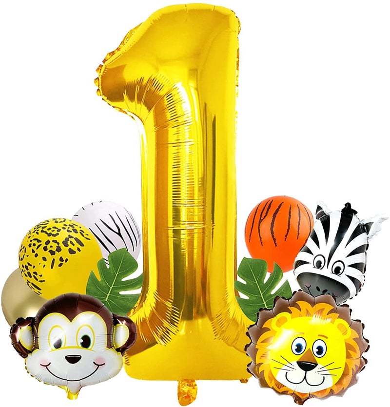 Lazybeee 19pcs Jungle Animal Balloons Set Large Number 1 Birthday Party Decorations Kids Monkey Zoo Animal Theme Foil Balloons. - Image 1