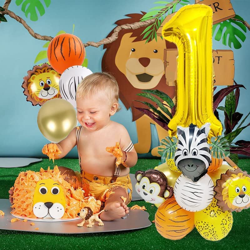 Lazybeee 19pcs Jungle Animal Balloons Set Large Number 1 Birthday Party Decorations Kids Monkey Zoo Animal Theme Foil Balloons. - Image 2