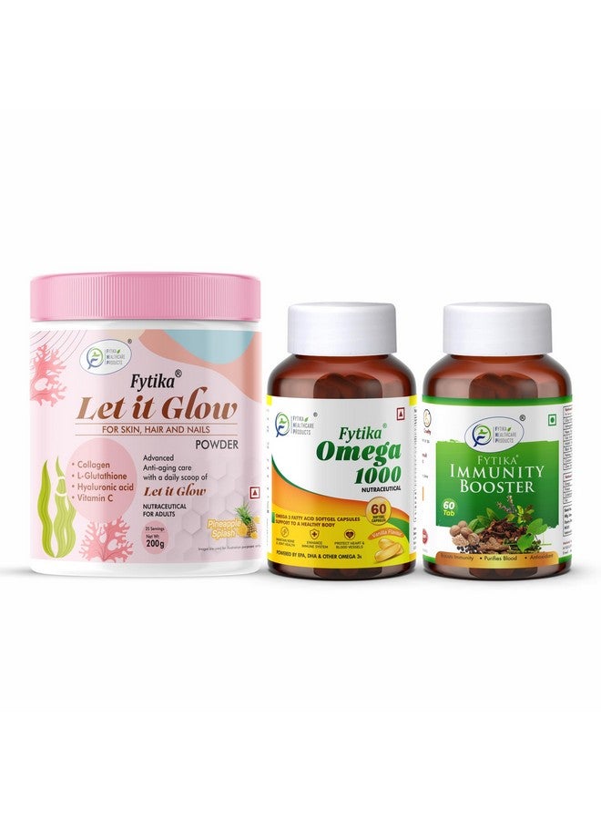 Fytika Let it Glow Pineapple, Collagen Powder-200G + Fytika Omega 1000 (Omega-3 Fatty acids)-60 Caps + Fytika Immunity Booster (Immune system support)-60 Tabs - Image 1