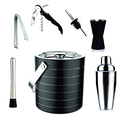 HAINE BarWare 7 Pieces Bar Set of Double Wall Ice Bucket Ice Tong Measuring Jig Whiskey Pourer Cocktail Shaker Muddler Stick Wine Opener Stainless Steel - Image 1