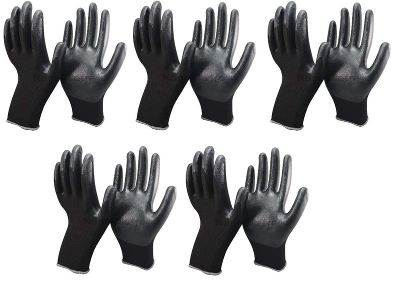 WeighTAJ 5 Pairs Industrial Safety AntiCut Protection Nitrile Coated Hand Safety Gloves Black Ideal for Industrial Construction Material Handling