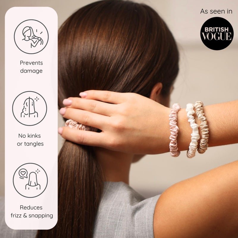 Silkie مجموعة SILKIE x4 - نسيج ساتان - 100% حرير توت أسود بني رفيع رباطات شعر حقيبة سفر رباطات شعر يومية مرنة للعناية بالشعر حامل ذيل حصان بدون ضرر (شوكولاتة) - Image 3