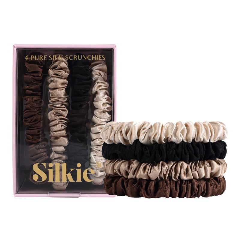 Silkie مجموعة SILKIE x4 - نسيج ساتان - 100% حرير توت أسود بني رفيع رباطات شعر حقيبة سفر رباطات شعر يومية مرنة للعناية بالشعر حامل ذيل حصان بدون ضرر (شوكولاتة) - Image 1