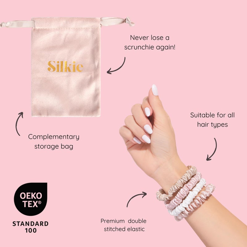 Silkie مجموعة SILKIE x4 - نسيج ساتان - 100% حرير توت أسود بني رفيع رباطات شعر حقيبة سفر رباطات شعر يومية مرنة للعناية بالشعر حامل ذيل حصان بدون ضرر (شوكولاتة) - Image 4