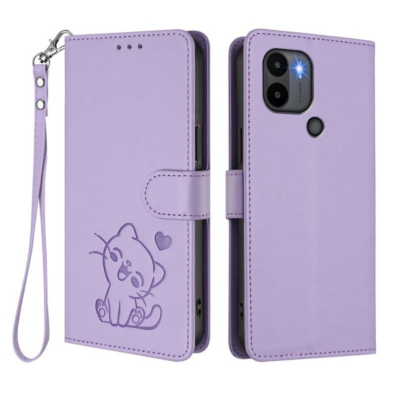 erorex For Redmi A1+ / A2+ / Xiaomi Poco C51 Embossed  Cat Leather Phone Case with Hand Strap(Light Purple) - Image 2