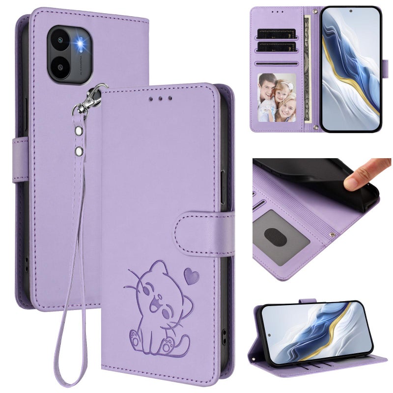 erorex For Redmi A1+ / A2+ / Xiaomi Poco C51 Embossed  Cat Leather Phone Case with Hand Strap(Light Purple) - Image 1