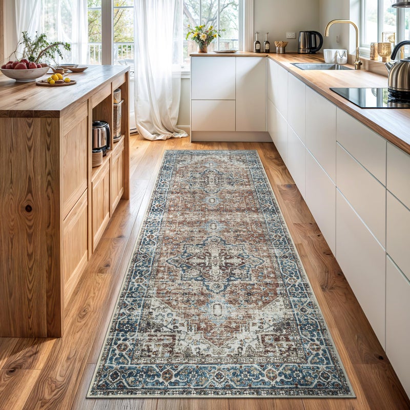 Bloom Rugs Caria Washable Non-Slip 12 ft Runner - Terracotta/Blue Traditional Runner for Entryway, Hallway, Bathroom, and Kitchen - Exact Size: 2'6" x 12' - Image 1