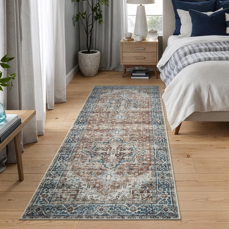 Bloom Rugs Caria Washable Non-Slip 12 ft Runner - Terracotta/Blue Traditional Runner for Entryway, Hallway, Bathroom, and Kitchen - Exact Size: 2'6" x 12' - Image 3