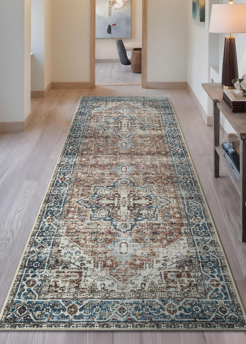 Bloom Rugs Caria Washable Non-Slip 12 ft Runner - Terracotta/Blue Traditional Runner for Entryway, Hallway, Bathroom, and Kitchen - Exact Size: 2'6" x 12' - Image 2