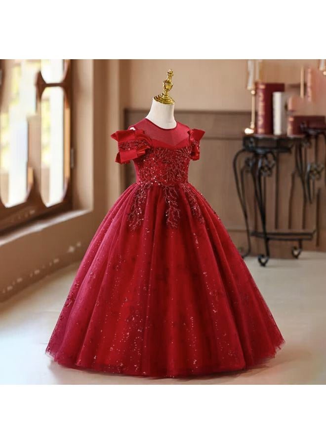 Luobobeibei Princess Dress Girls Puffy Tulle Dress Children's Formal Wedding Dress Little Girl Piano Performance Dress Red 120 - Image 2