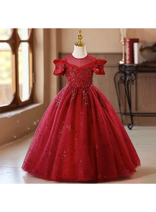 Luobobeibei Princess Dress Girls Puffy Tulle Dress Children's Formal Wedding Dress Little Girl Piano Performance Dress Red 120 - Image 1