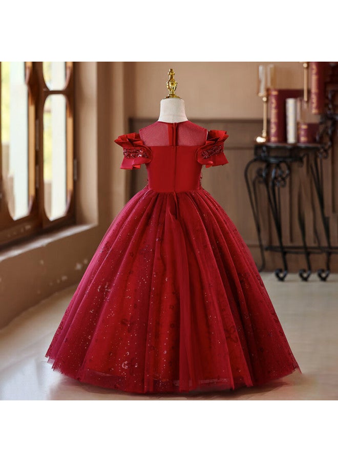 Luobobeibei Princess Dress Girls Puffy Tulle Dress Children's Formal Wedding Dress Little Girl Piano Performance Dress Red 120 - Image 3
