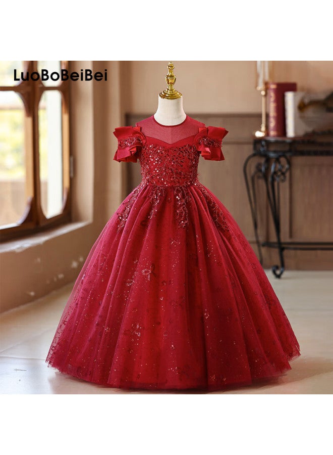 Luobobeibei Princess Dress Girls Puffy Tulle Dress Children's Formal Wedding Dress Little Girl Piano Performance Dress Red 120 - Image 4