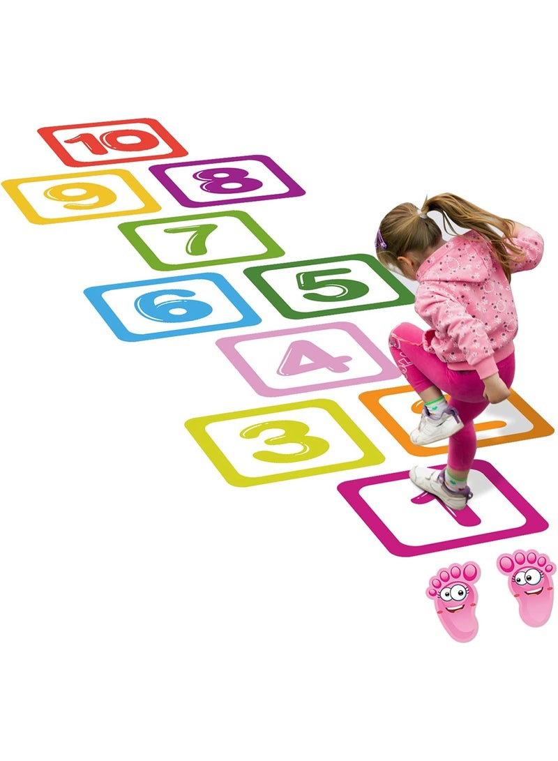 10Pcs Hopscotch Game Floor Stickers, Number Lattice Floor Sticker with 1 Pair Kids Footprint Stickers, Funny Puzzle Games Wall Decals for Classroom Bedroom Living Room Ground Corridor Nursery - Image 1