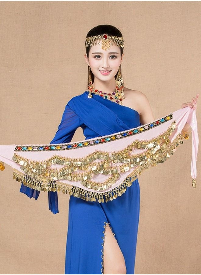 Loquat - Coins Pendant Diamond Waist Chain Skirt Belly Dance Waist Wrap Belt Skirts Party Rave Costume Light Pink - Image 1