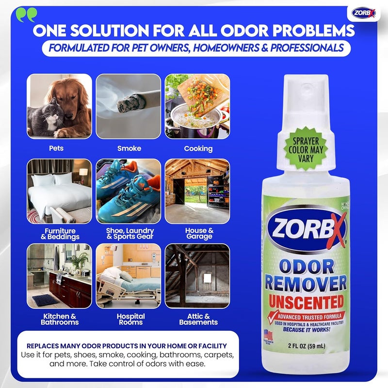 ZORBX Unscented Odor Eliminator for Strong Odor 2 Fl Oz, Pack of 1 - Used in Hospitals & Healthcare Facilities - Advanced Formula, Fast-Acting Odor Remover Spray for Dog, Cat, House & Carpet - Image 3