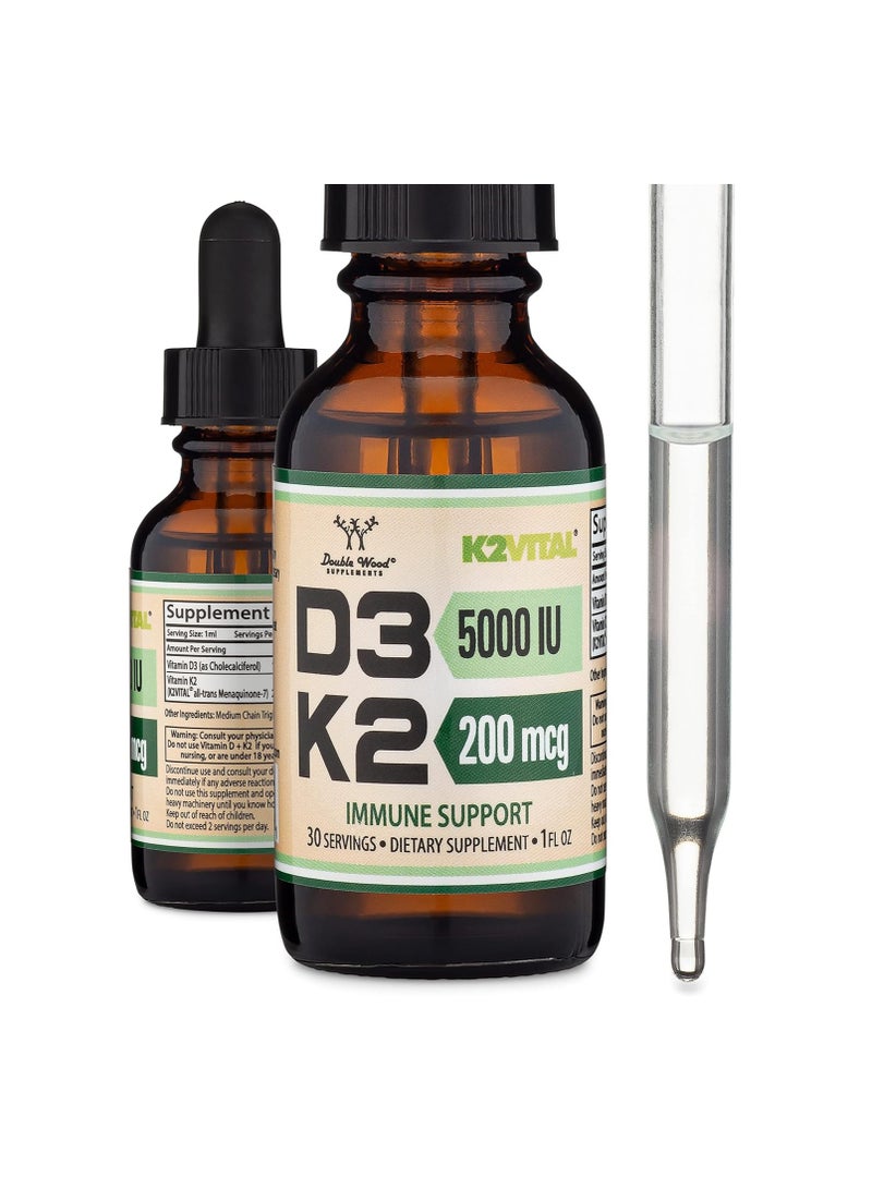 Double Wood Supplements Vitamin D3 K2 Liquid Max Absorption Liquid Vitamin D Drops for Kids and Adults 5000 IU 200 mcg 30 servings - Image 1