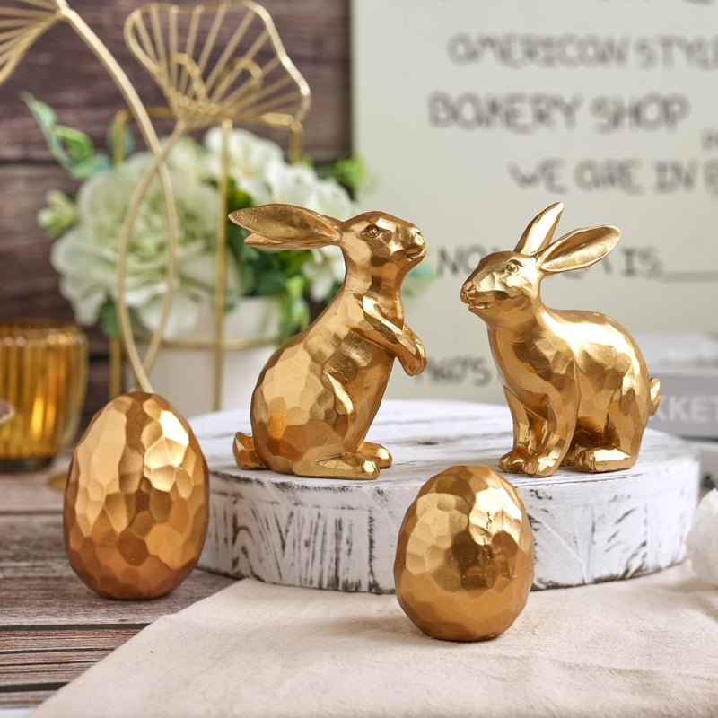 AOMOONOA Gold Easter Bunny and Egg Set, 4Pcs Resin Easter Rabbit and Egg Figurines, Small Faceted Bunny Statues for Modern Tabletop Centerpiece, Elegant Spring Mantle, Shelf, Home Decor - Image 2