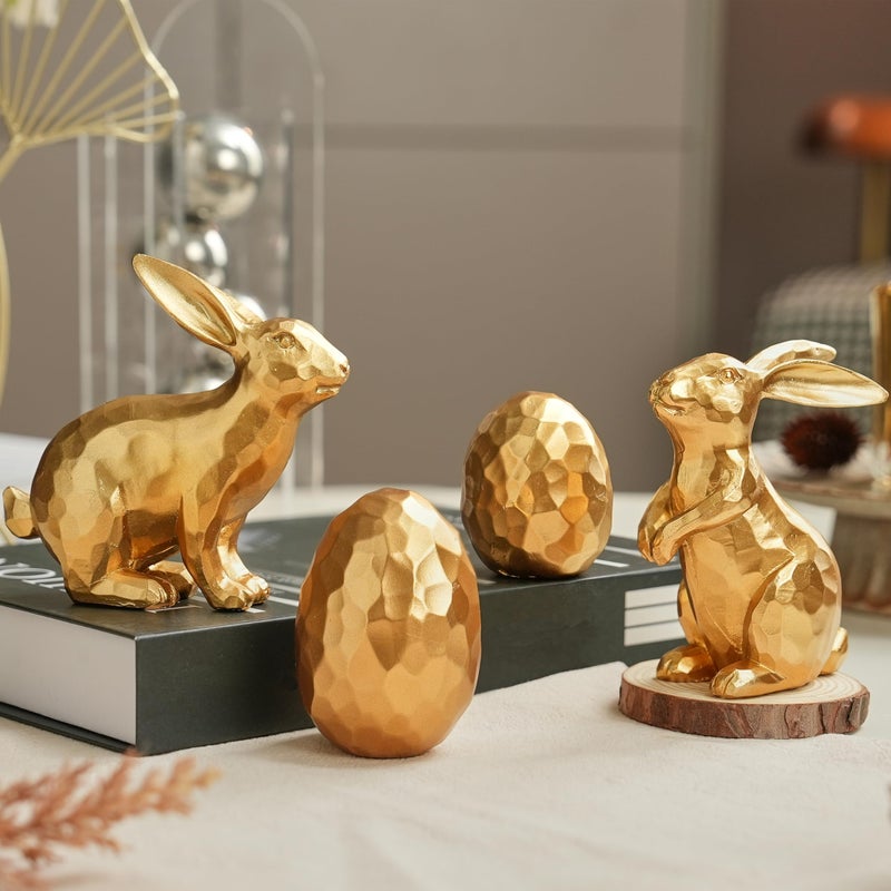 AOMOONOA Gold Easter Bunny and Egg Set, 4Pcs Resin Easter Rabbit and Egg Figurines, Small Faceted Bunny Statues for Modern Tabletop Centerpiece, Elegant Spring Mantle, Shelf, Home Decor - Image 1